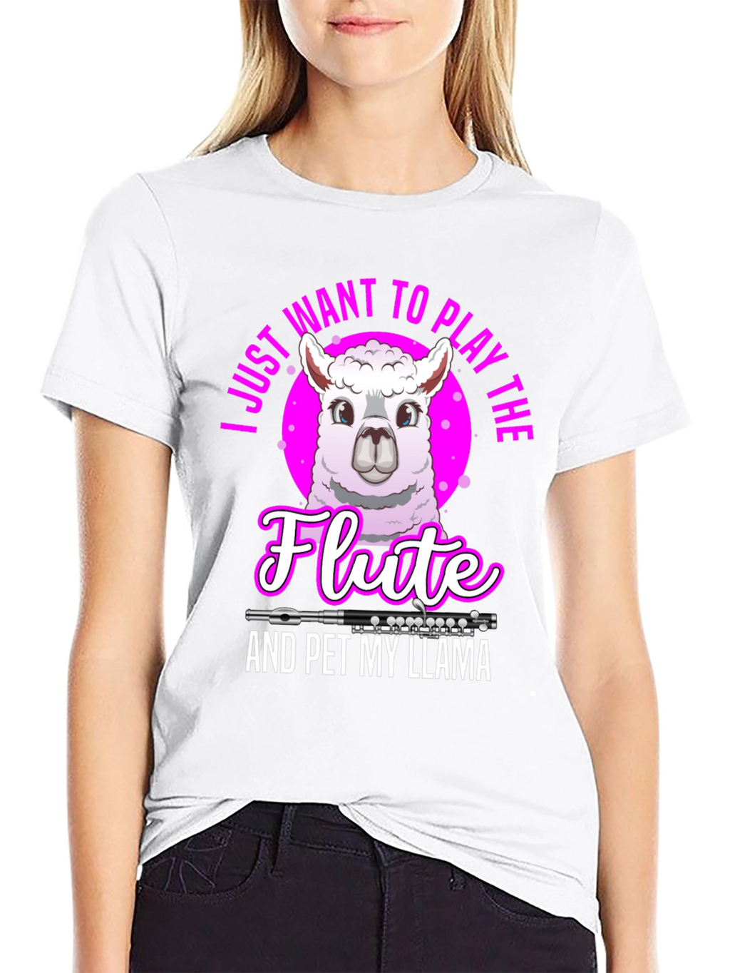 Funny Llama Flute Player Graphic T-Shirt