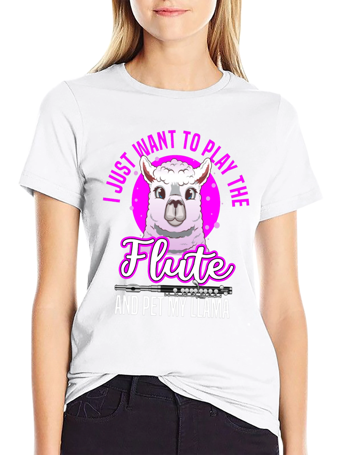 Funny Llama Flute Player Graphic T-Shirt