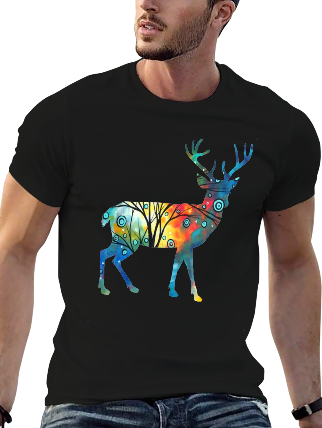 Watercolor Deer Graphic Tee - Stylish Black T-Shirt