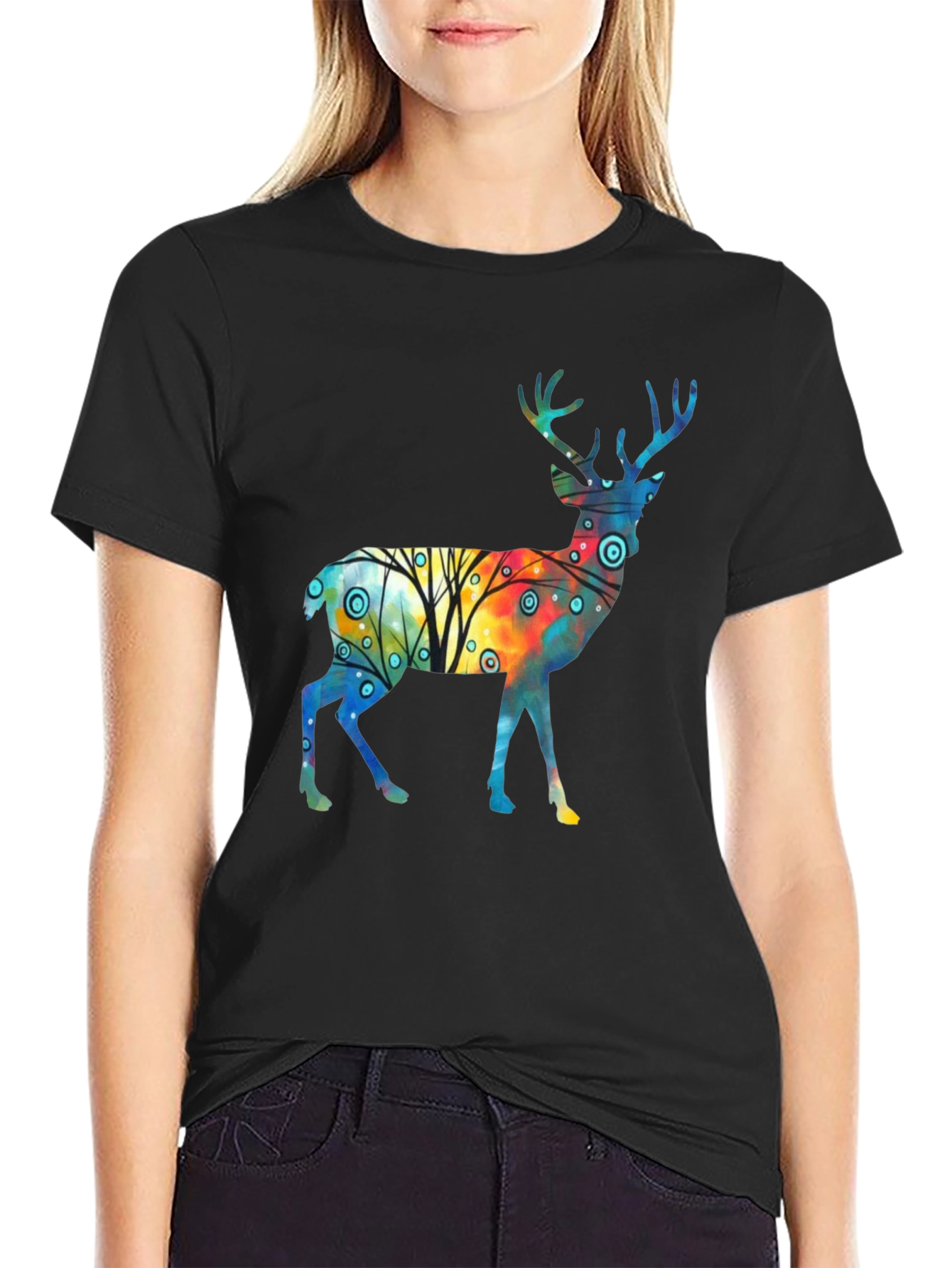 Watercolor Deer Graphic Tee - Stylish Black T-Shirt