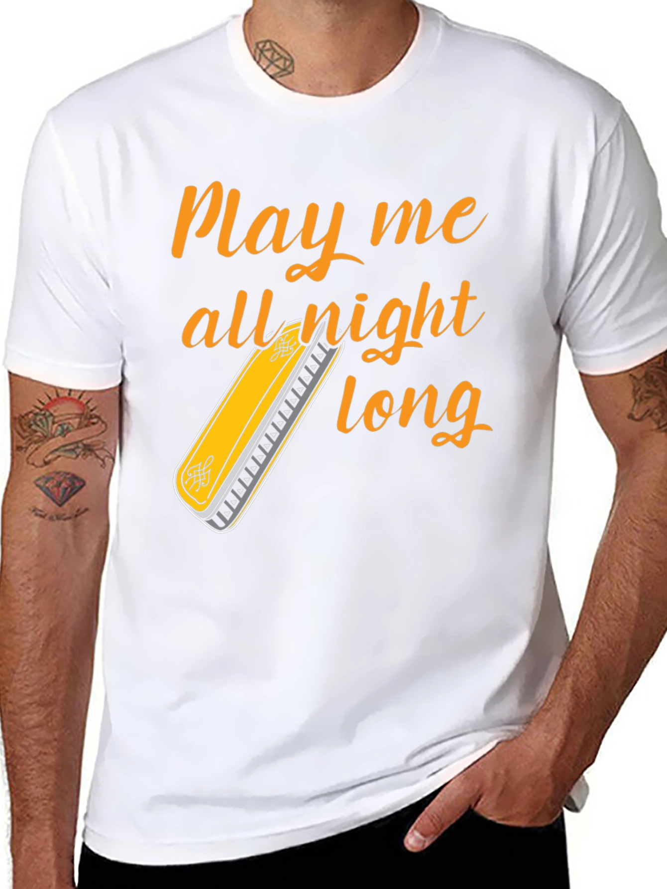 Play All Night Long T-Shirt - Harmonica Music Tee
