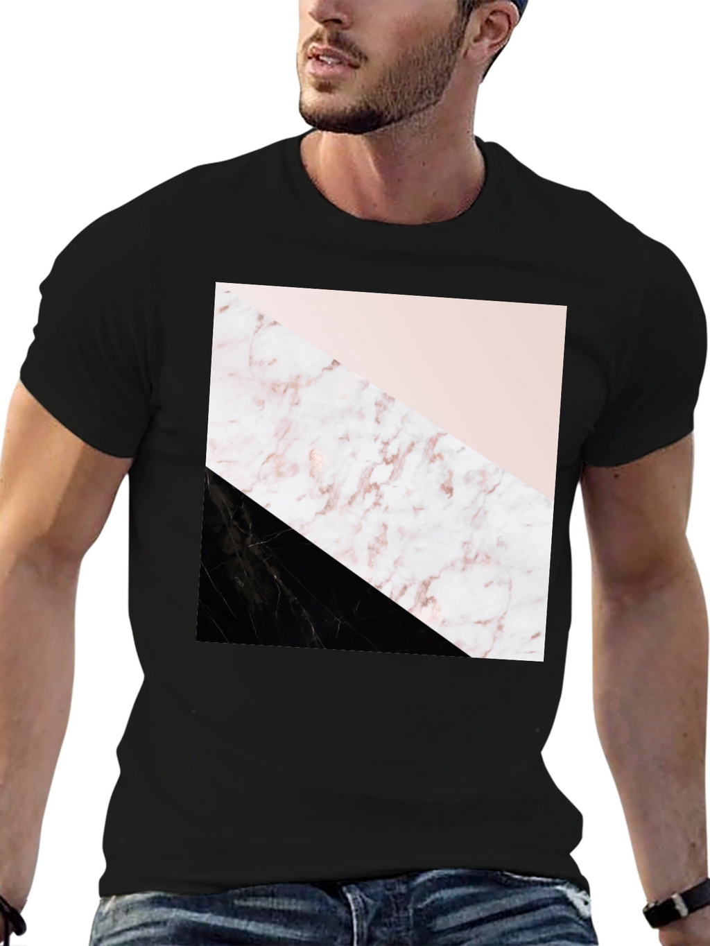 Modern Geometric Marble Print Black T-Shirt