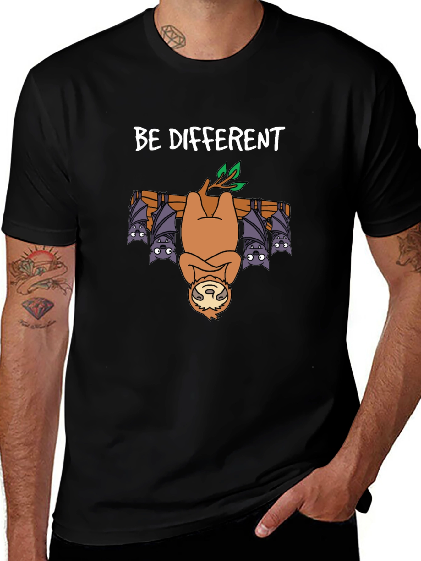 Be Different Sloth & Bats T-Shirt - Unique Graphic Tee