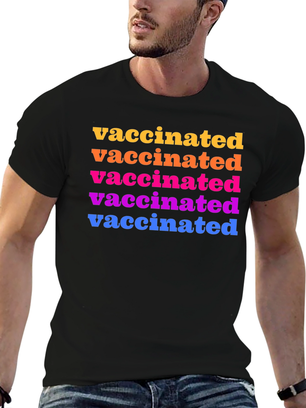 Vaccinated Rainbow Text Graphic Tee - Black