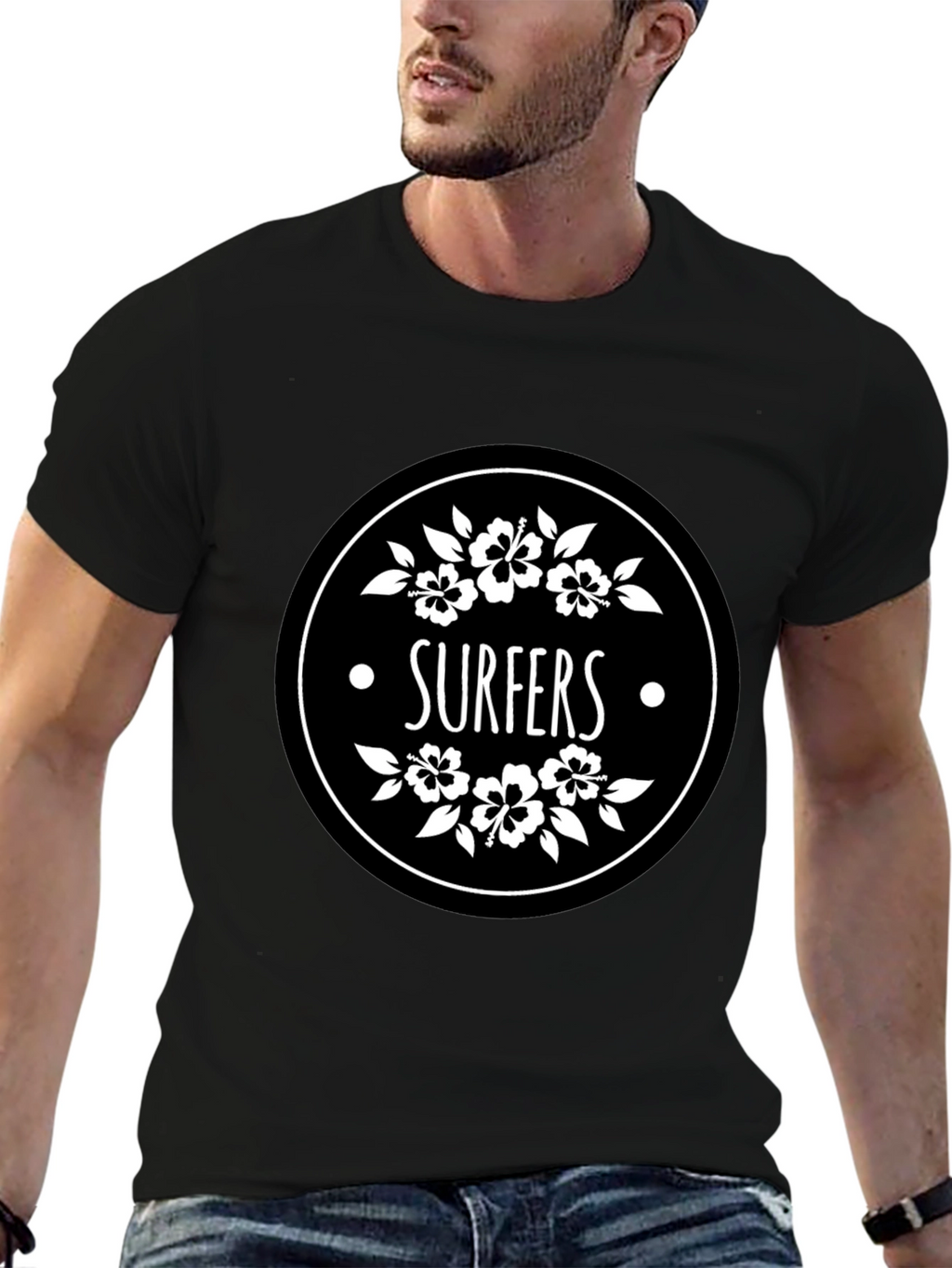 Surfers Black T-Shirt with Floral Circle Graphic