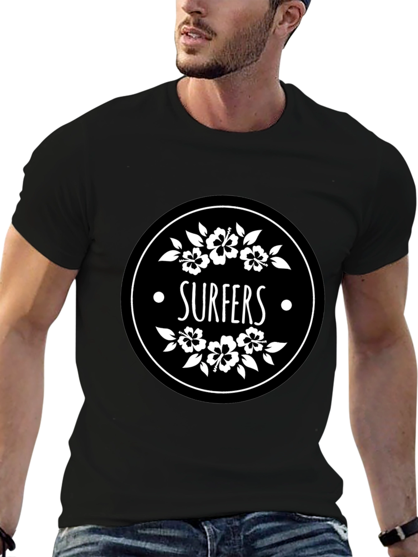 Surfers Black T-Shirt with Floral Circle Graphic