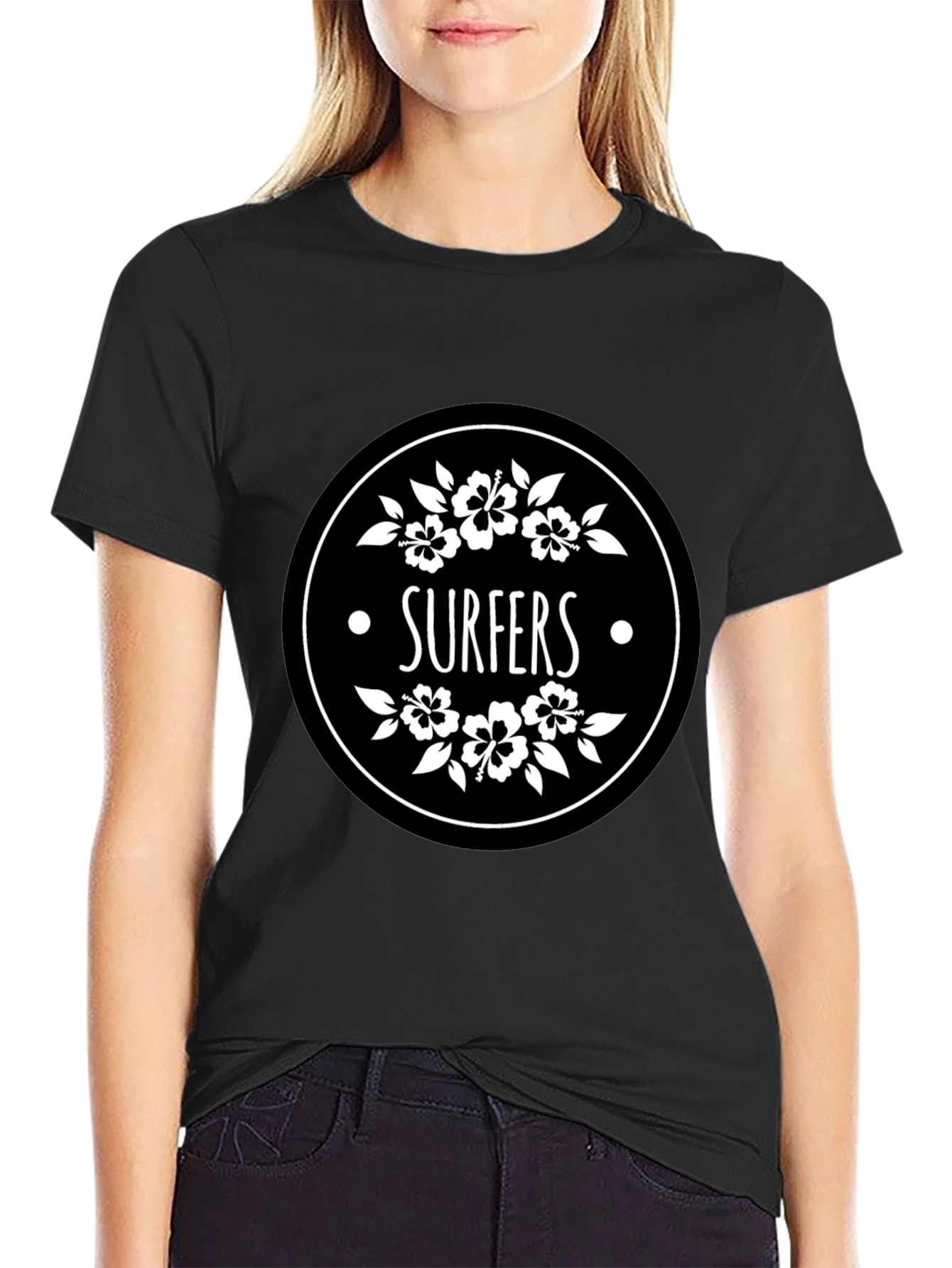 Surfers Black T-Shirt with Floral Circle Graphic