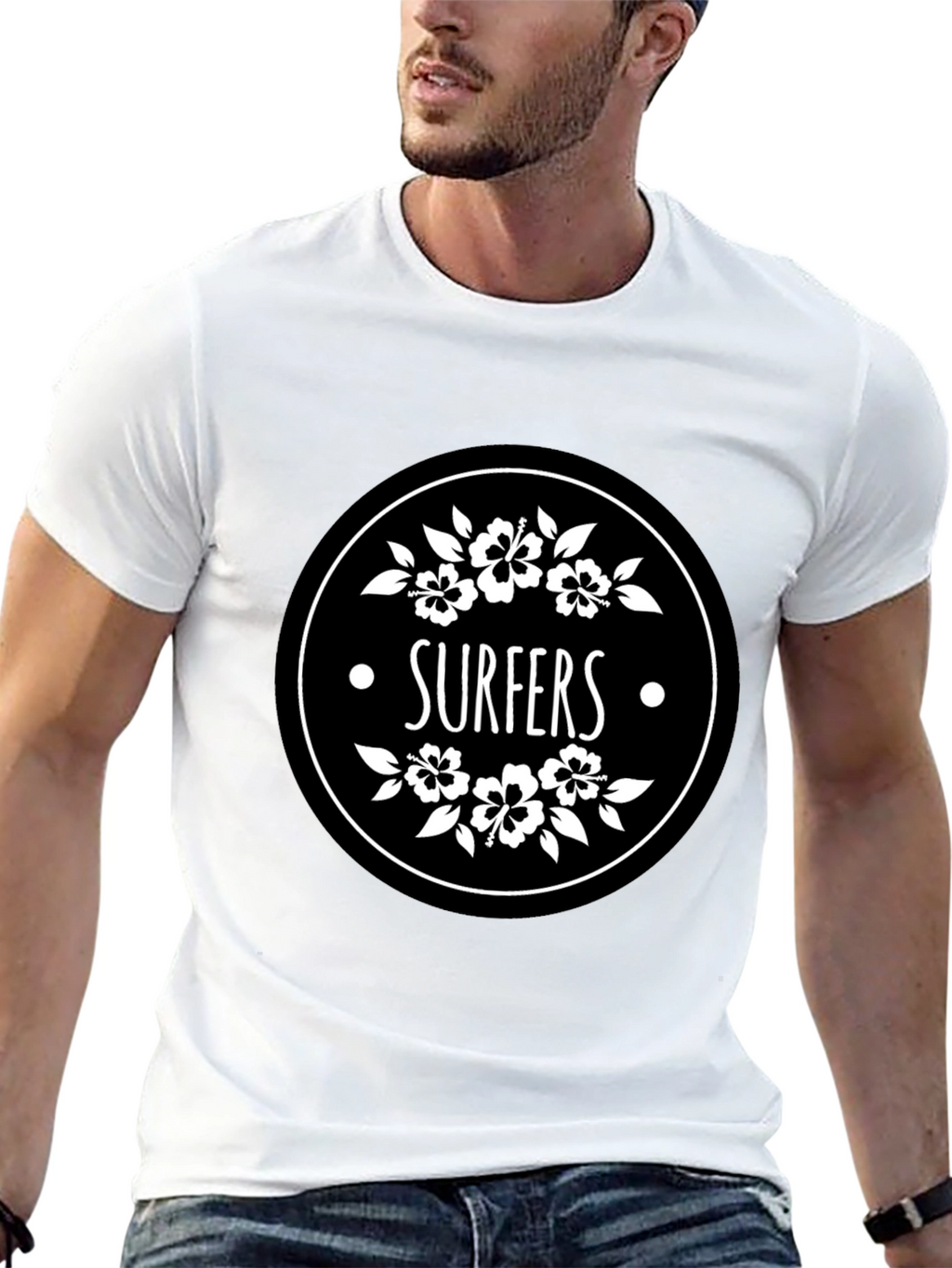 Surfers Black T-Shirt with Floral Circle Graphic