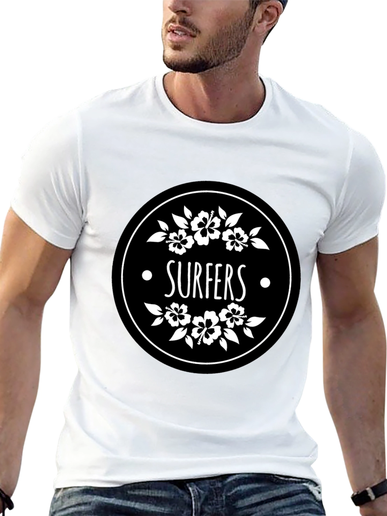 Surfers Black T-Shirt with Floral Circle Graphic