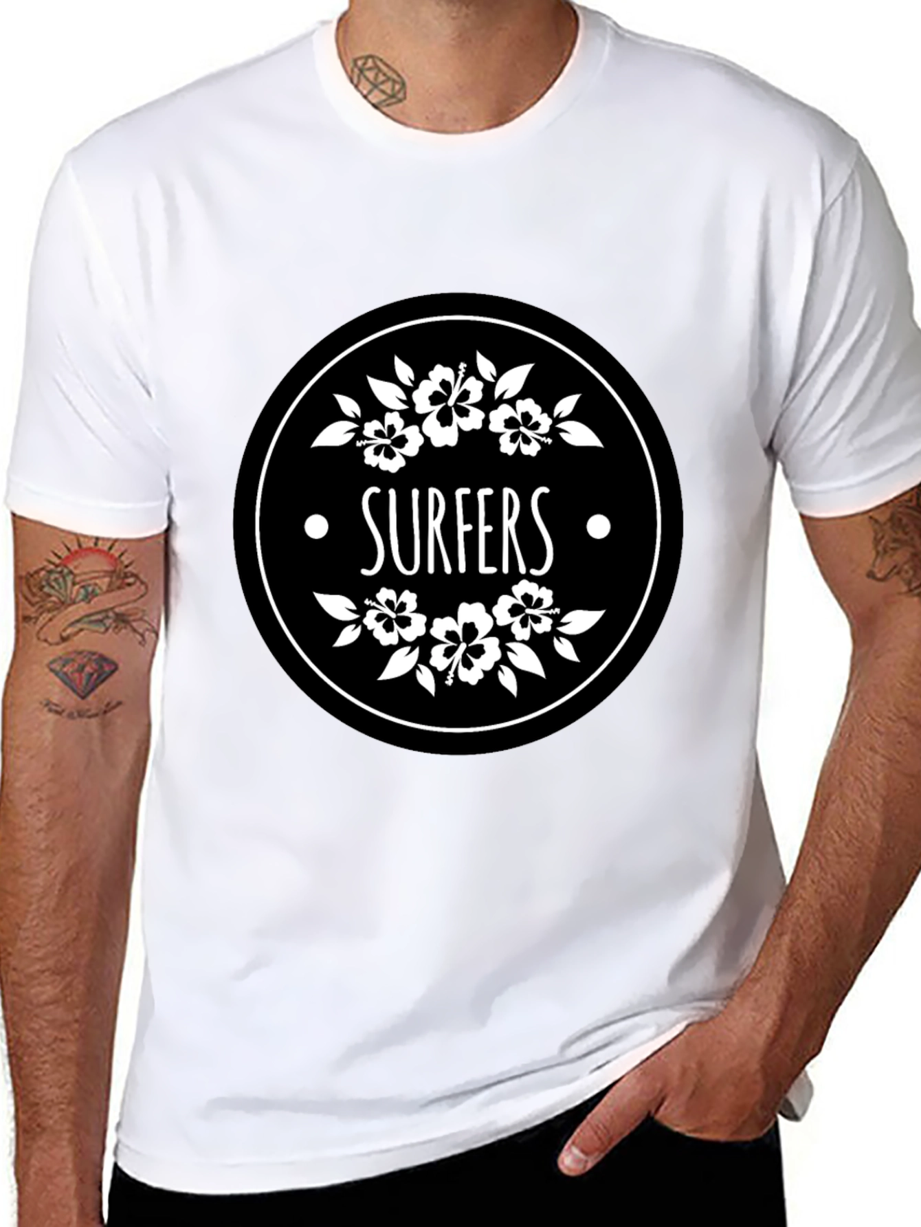 Surfers Black T-Shirt with Floral Circle Graphic