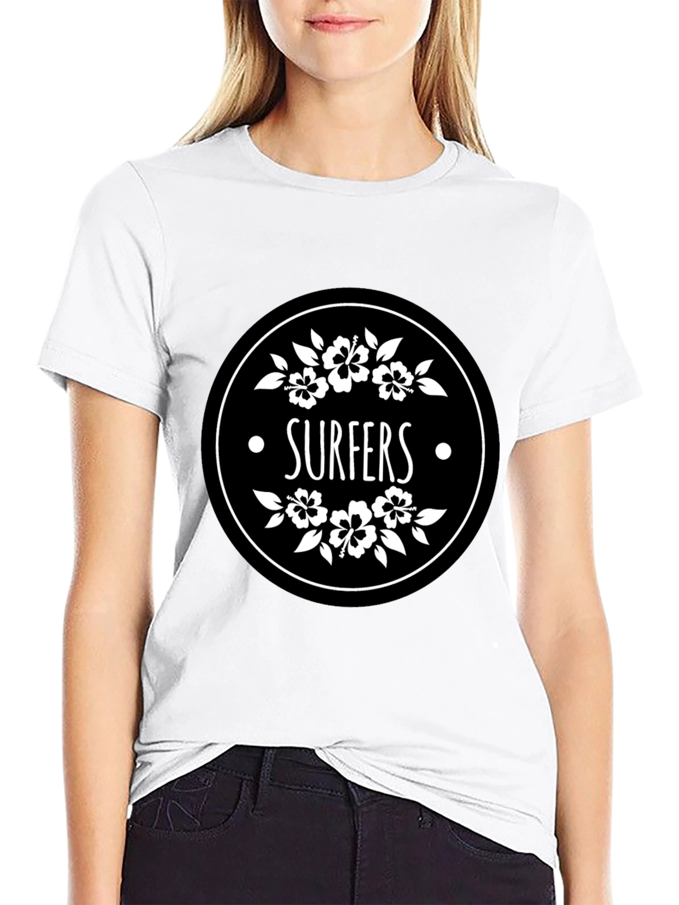 Surfers Black T-Shirt with Floral Circle Graphic