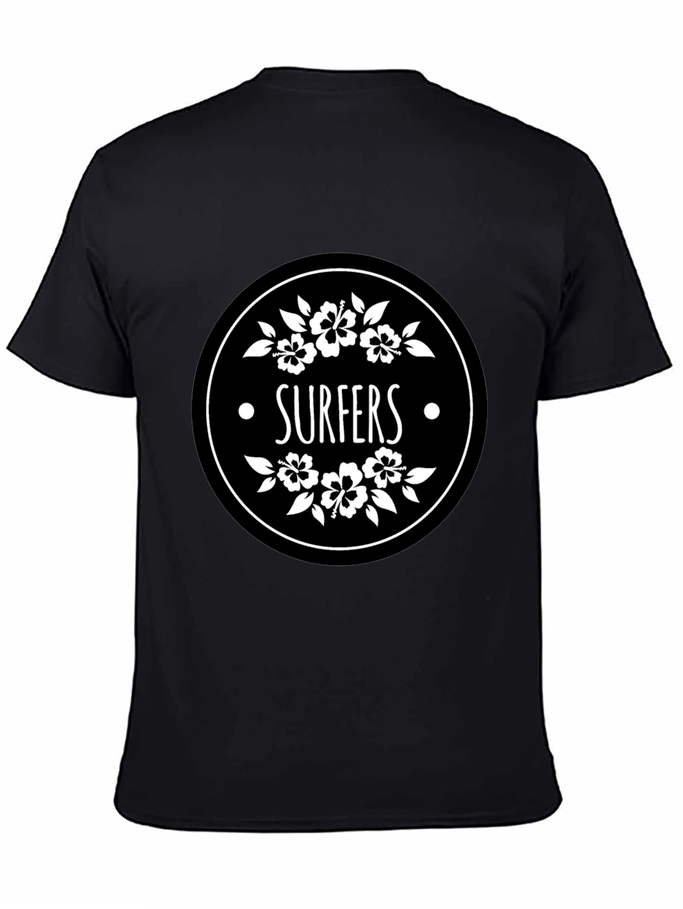 Surfers Black T-Shirt with Floral Circle Graphic
