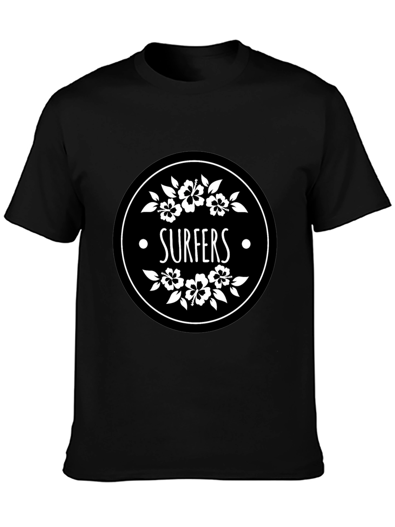 Surfers Black T-Shirt with Floral Circle Graphic