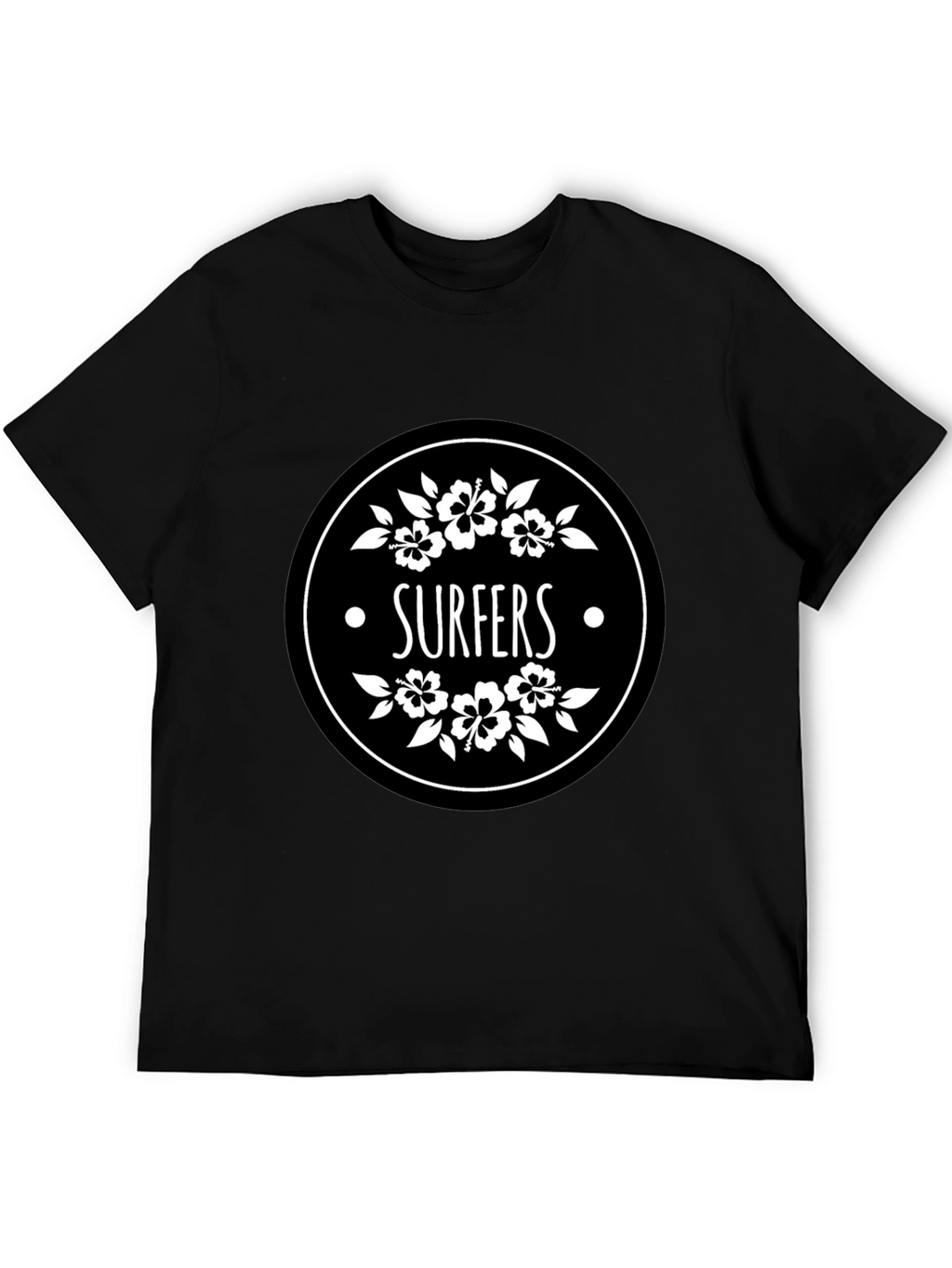 Surfers Black T-Shirt with Floral Circle Graphic