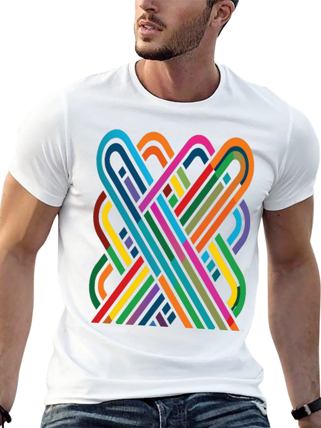 Geometric Ribbon Design Black Cotton T-Shirt
