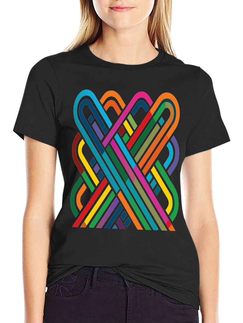 Geometric Ribbon Design Black Cotton T-Shirt