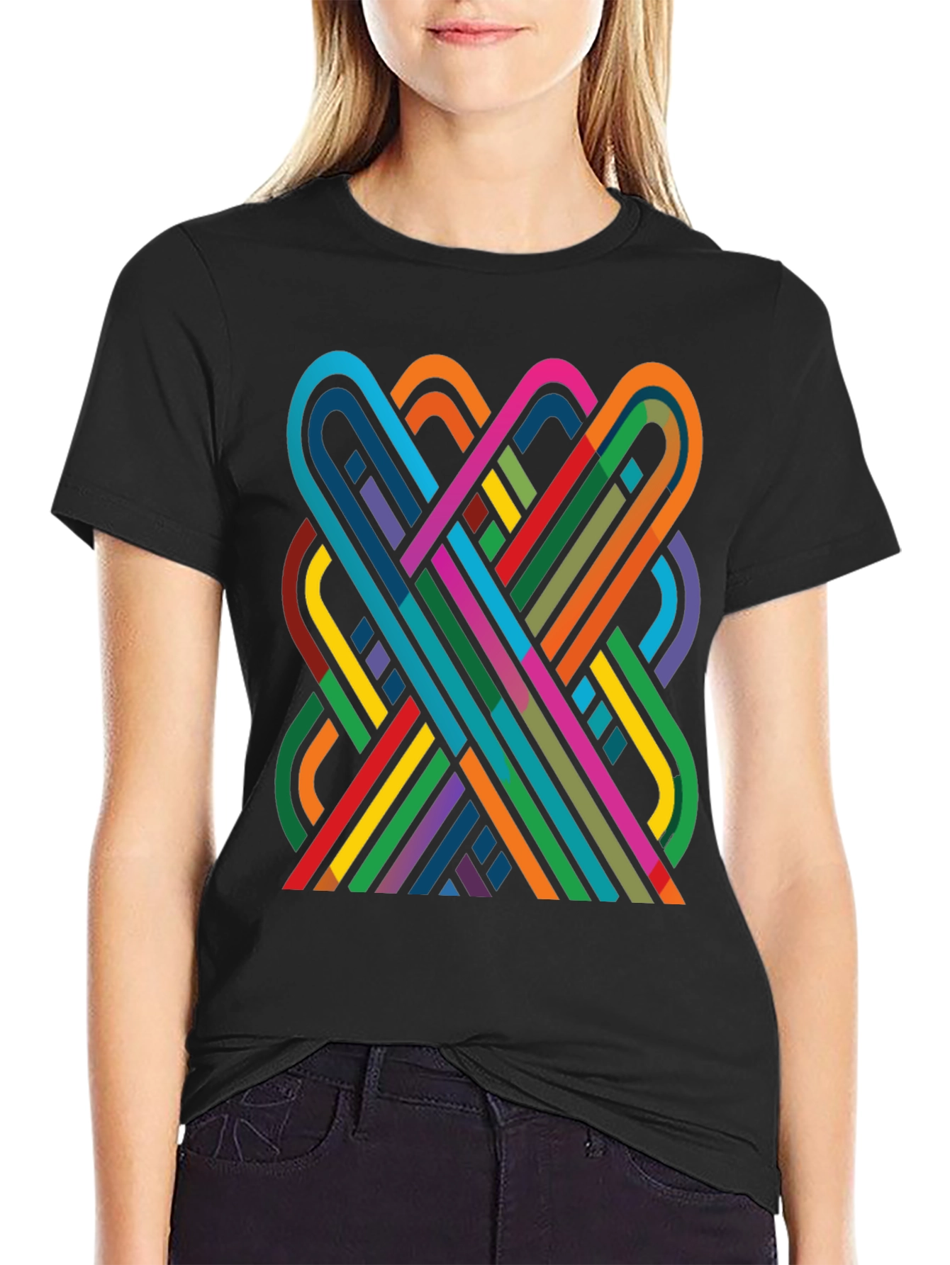 Geometric Ribbon Design Black Cotton T-Shirt