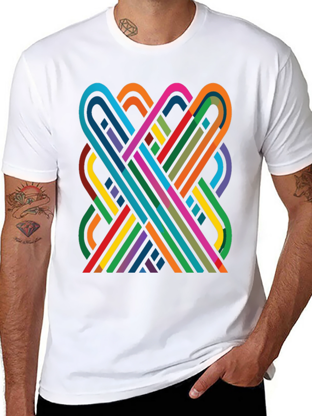 Geometric Ribbon Design Black Cotton T-Shirt