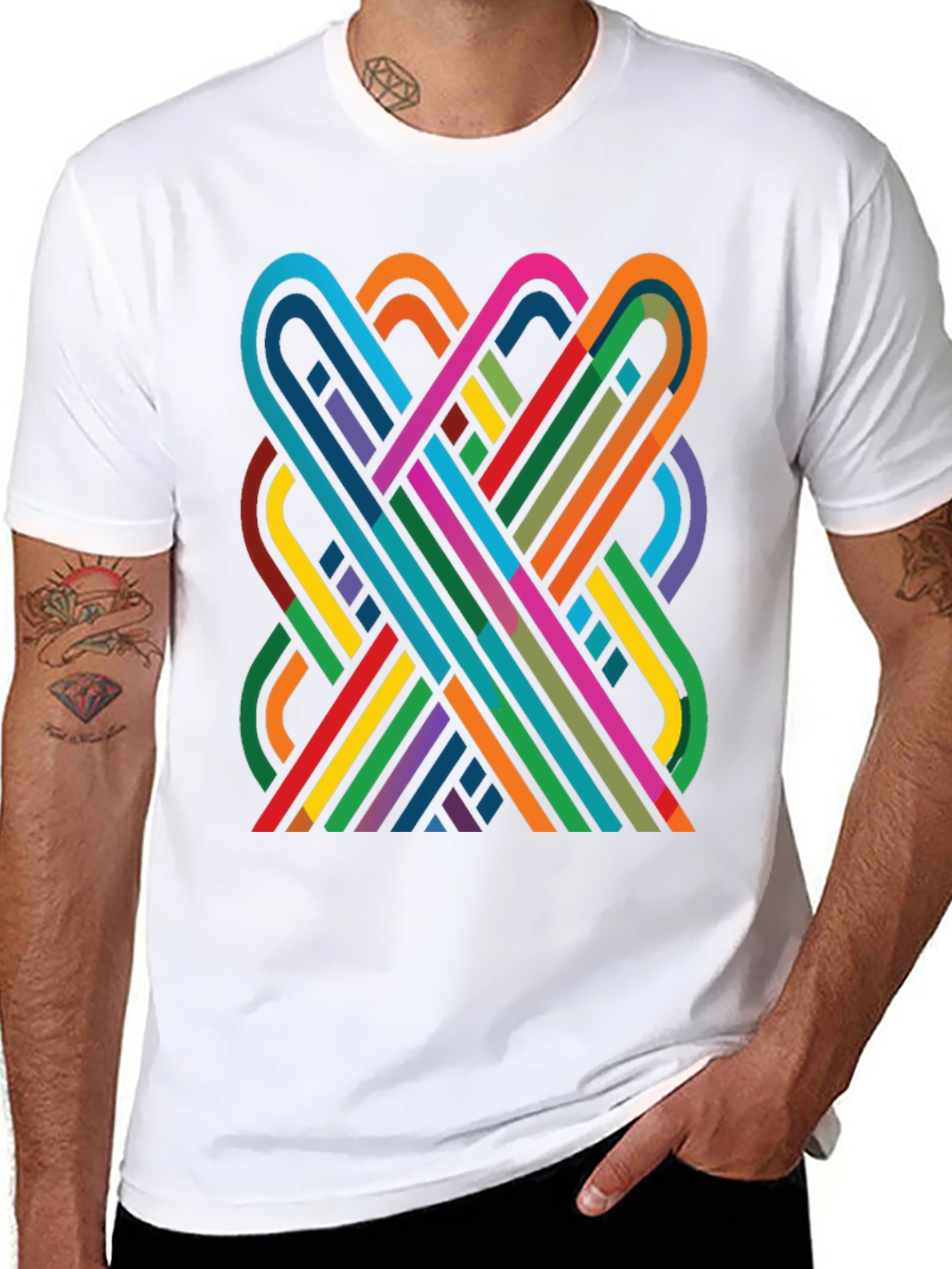 Geometric Ribbon Design Black Cotton T-Shirt