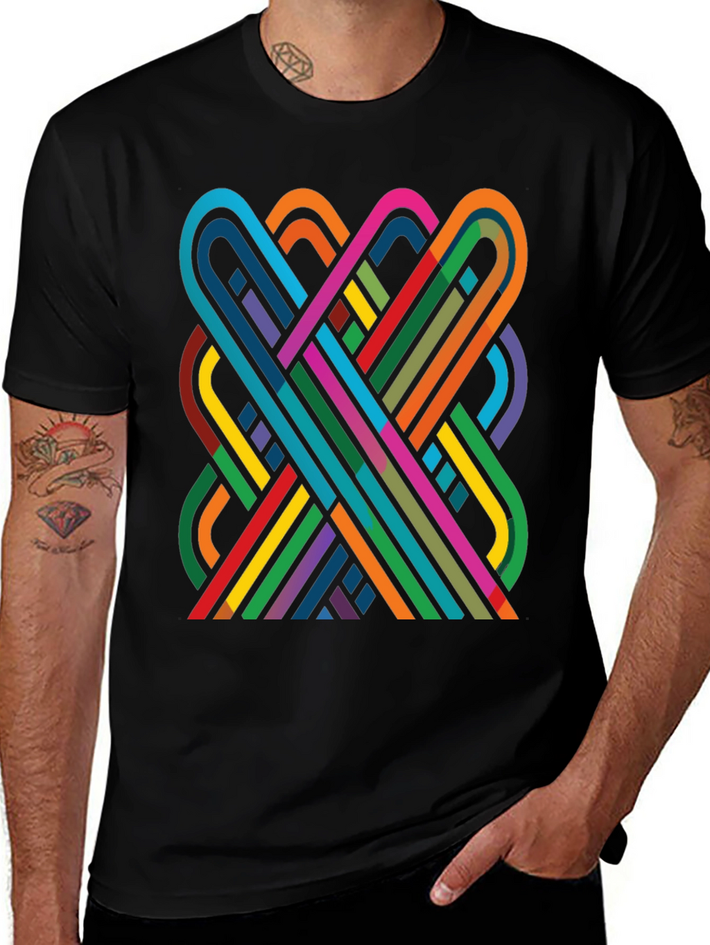 Geometric Ribbon Design Black Cotton T-Shirt