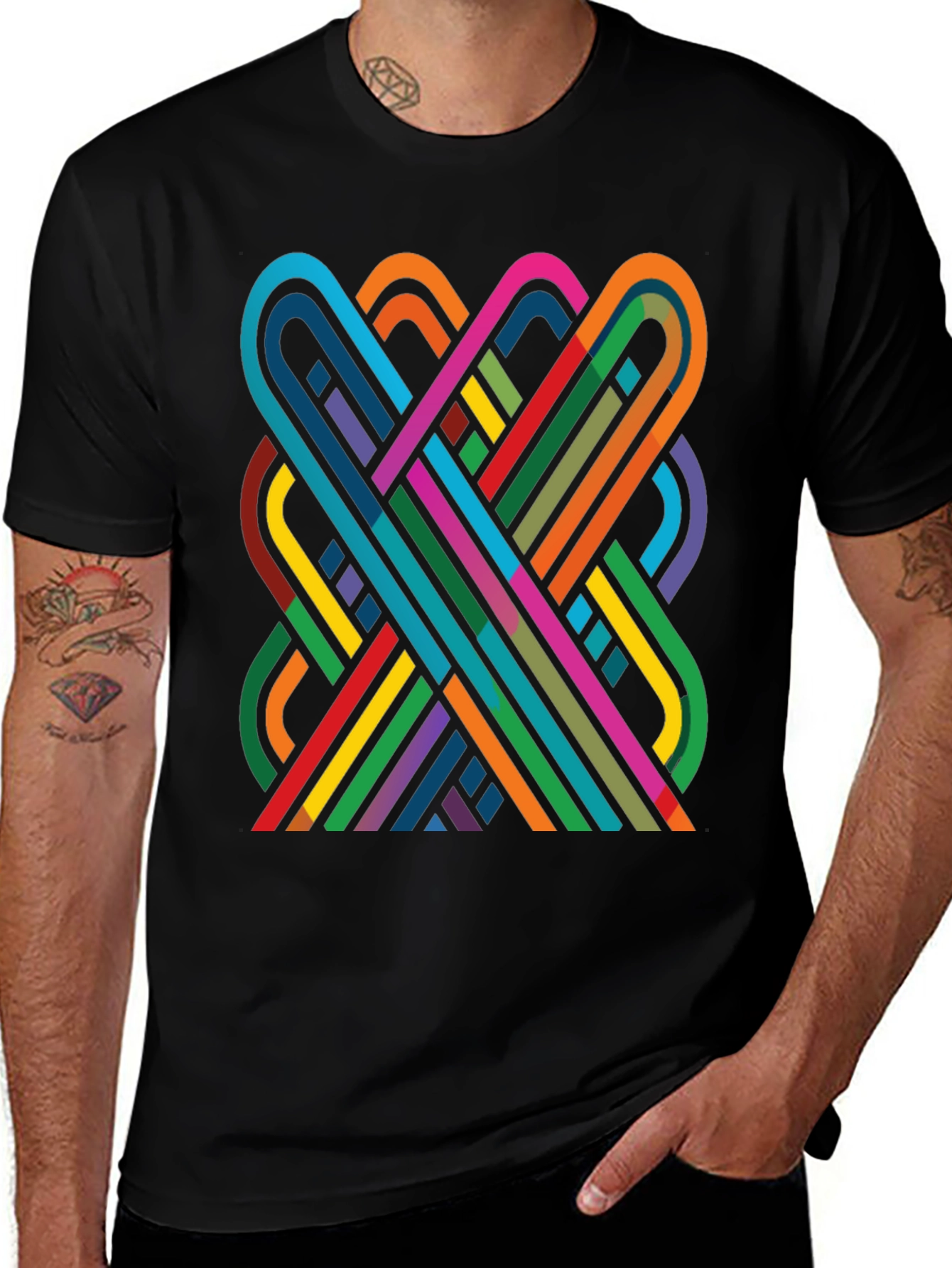 Geometric Ribbon Design Black Cotton T-Shirt