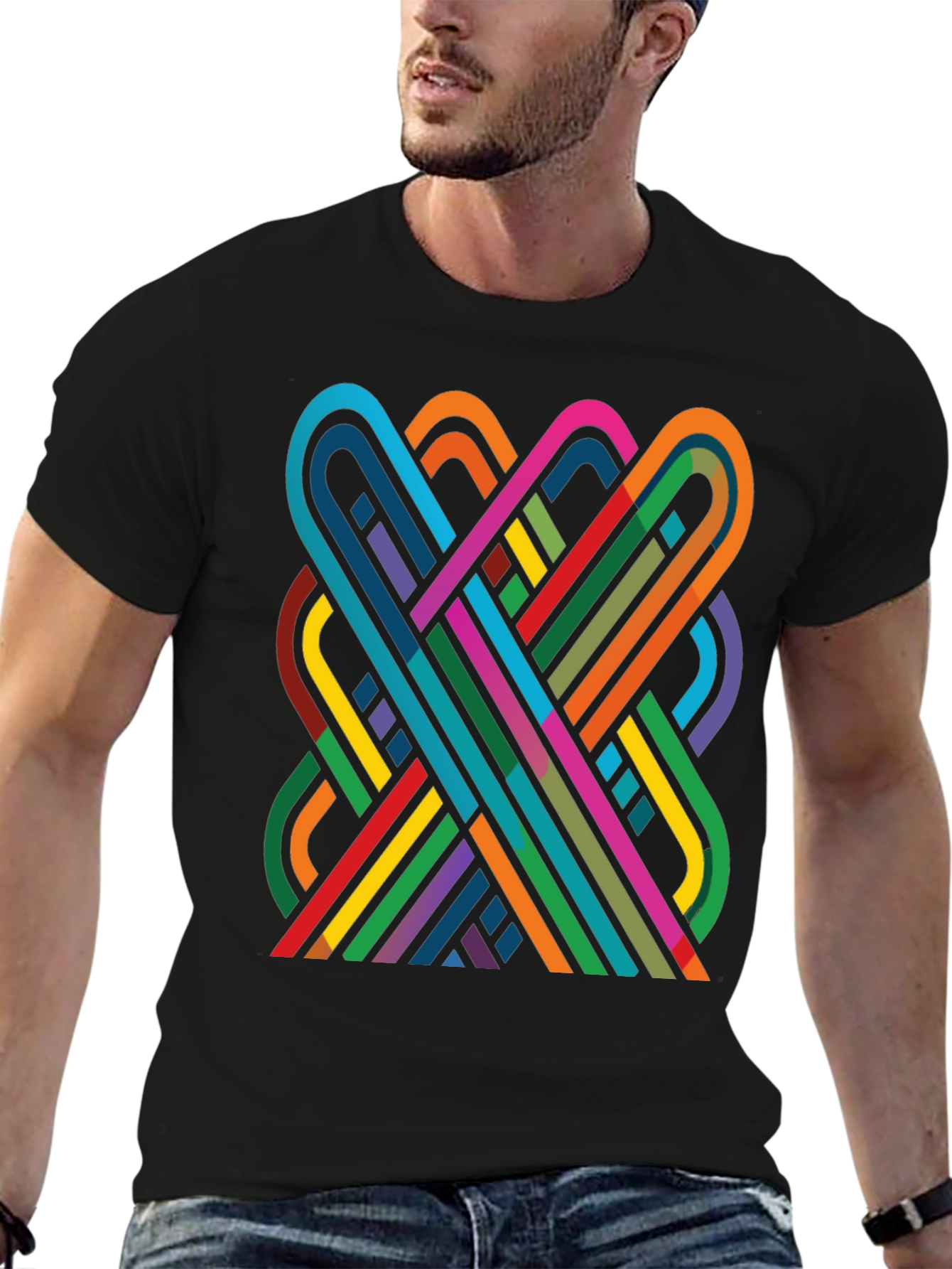 Geometric Ribbon Design Black Cotton T-Shirt