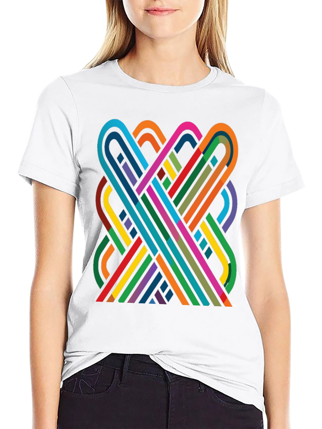 Geometric Ribbon Design Black Cotton T-Shirt