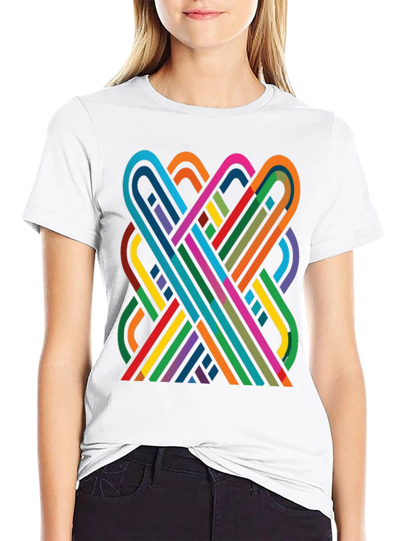 Geometric Ribbon Design Black Cotton T-Shirt