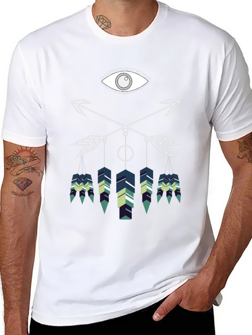 Geometric Feather Graphic Tee - Black Cotton Blend