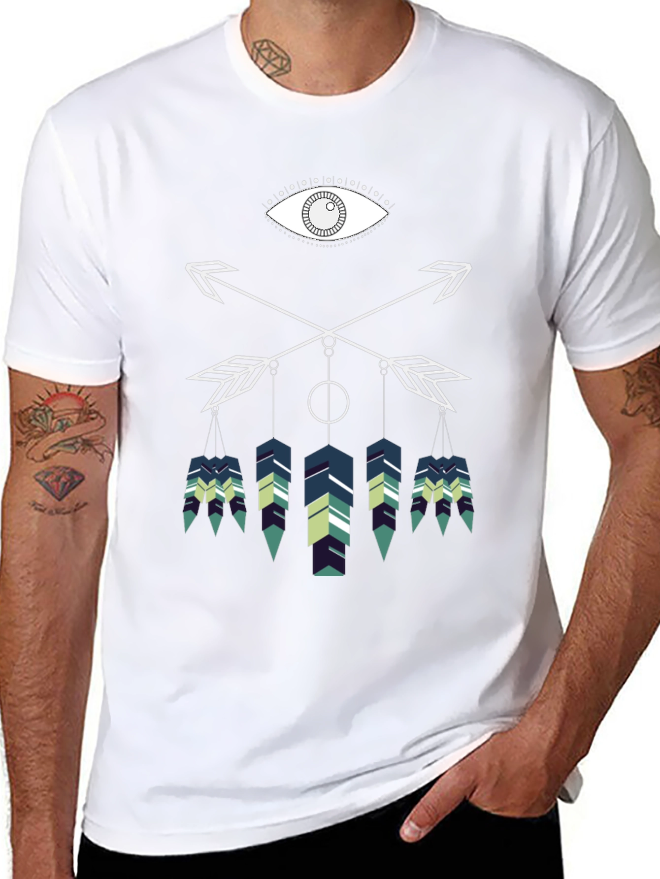 Geometric Feather Graphic Tee - Black Cotton Blend