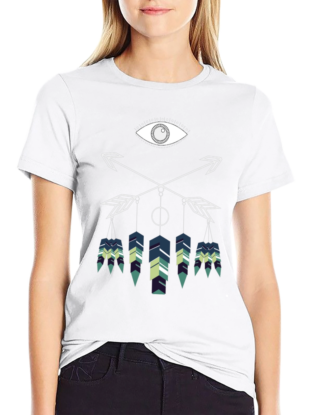 Geometric Feather Graphic Tee - Black Cotton Blend