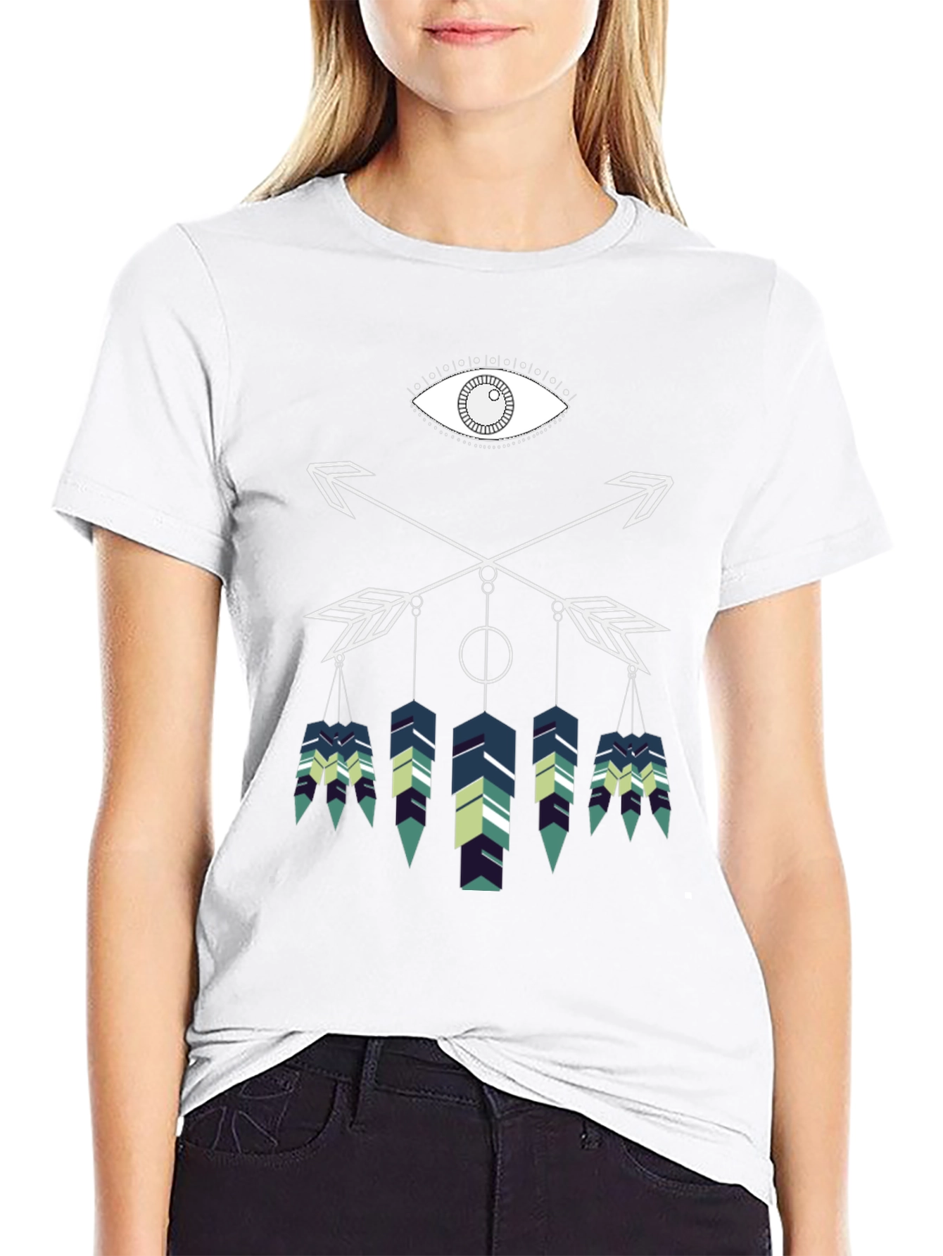 Geometric Feather Graphic Tee - Black Cotton Blend