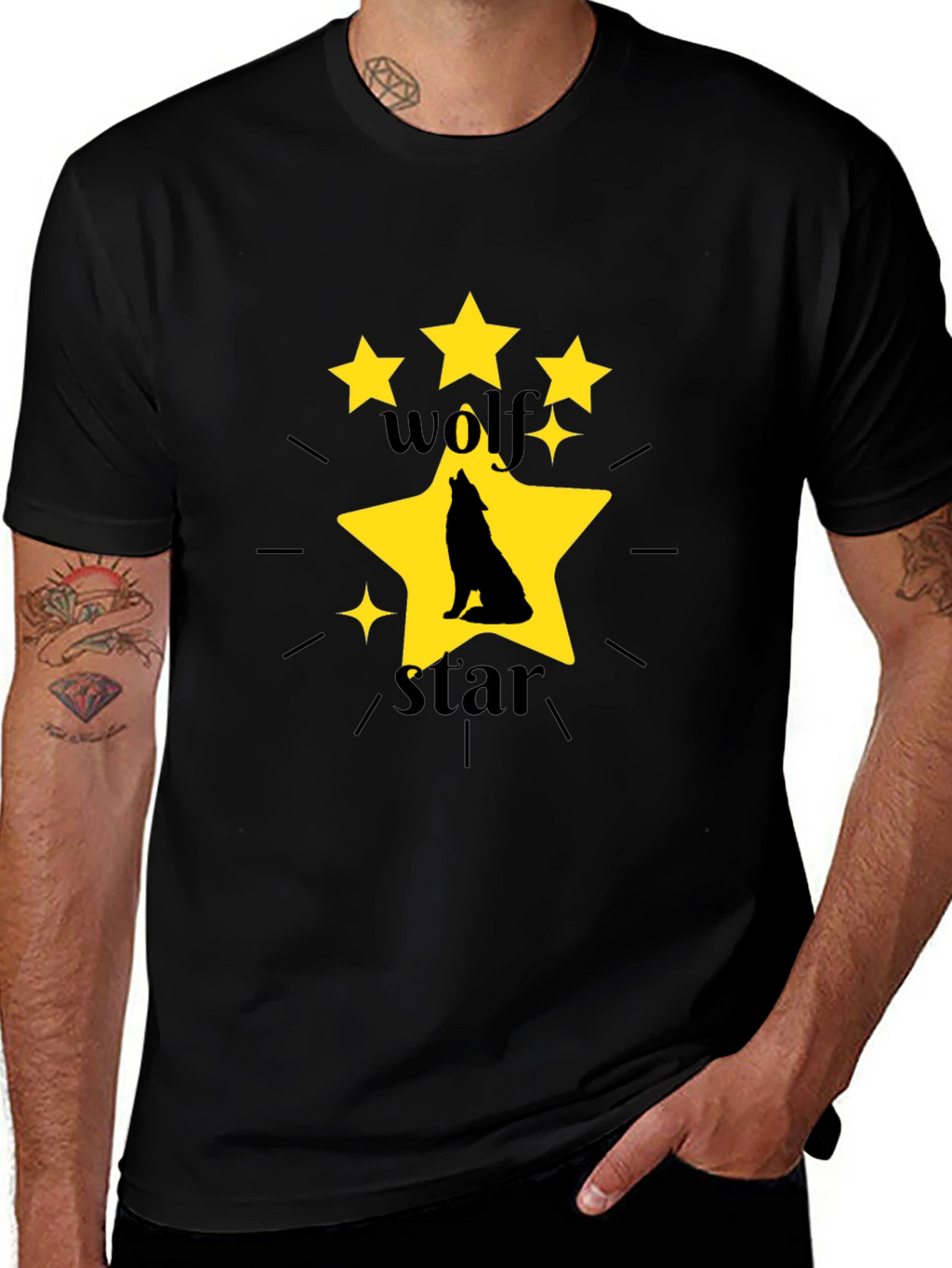 Wolf Star Graphic Print Black T-Shirt