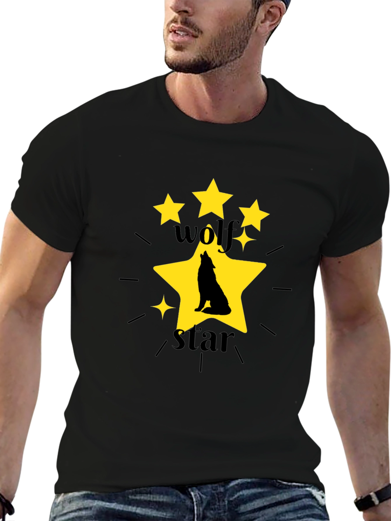 Wolf Star Graphic Print Black T-Shirt