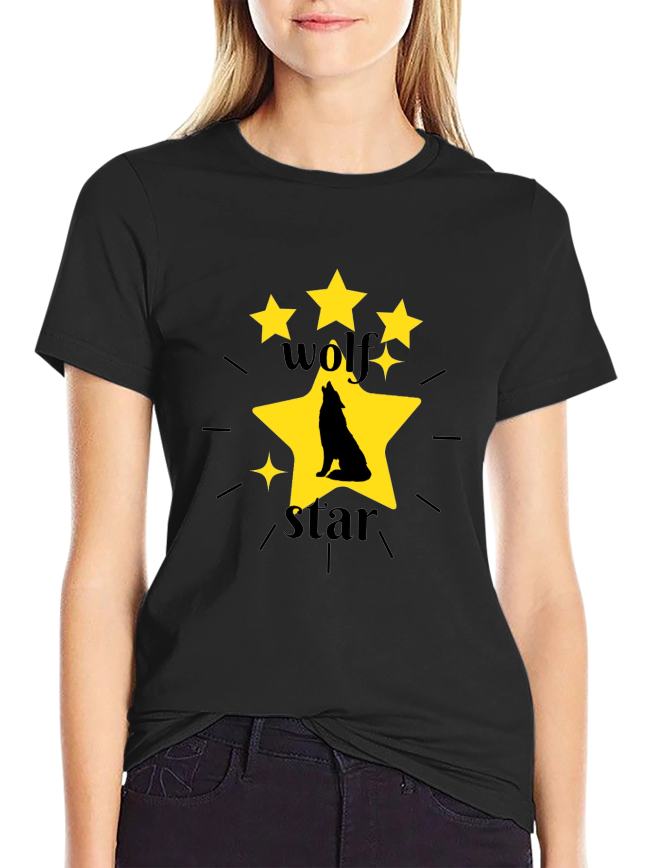 Wolf Star Graphic Print Black T-Shirt
