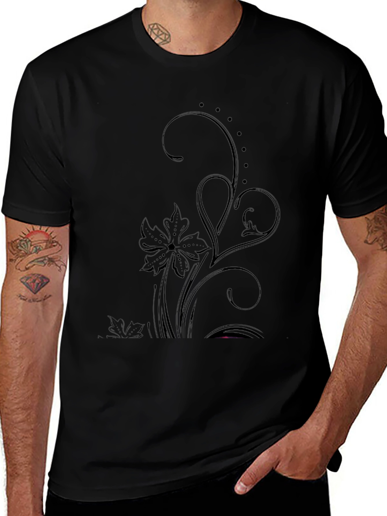 Elegant Floral Graphic Black T-Shirt