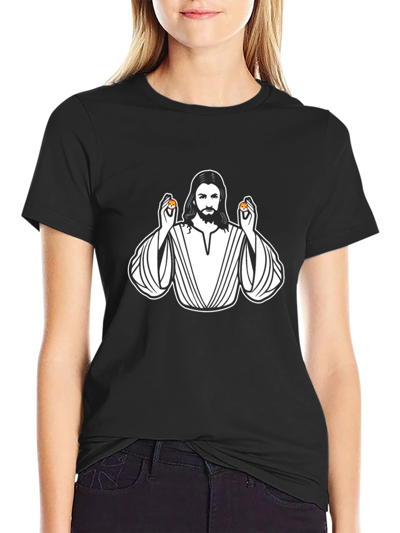Jesus Holding Shiba Inu Coins Graphic T-Shirt