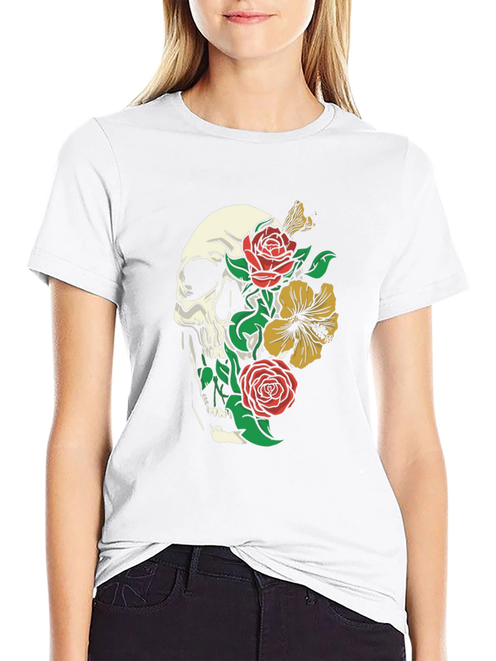 Skull & Floral Print Tee - Gothic Style