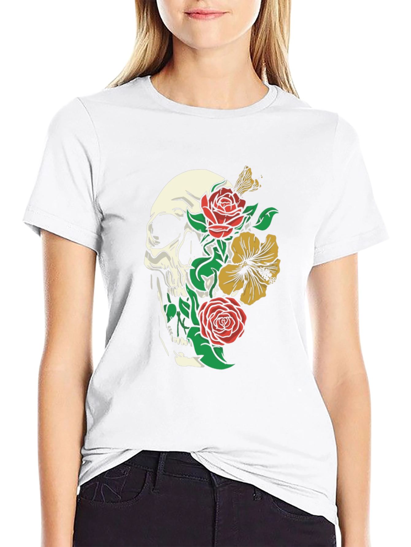Skull & Floral Print Tee - Gothic Style