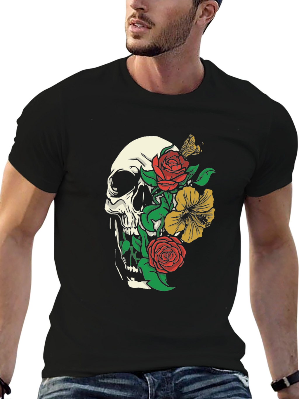 Skull & Floral Print Tee - Gothic Style