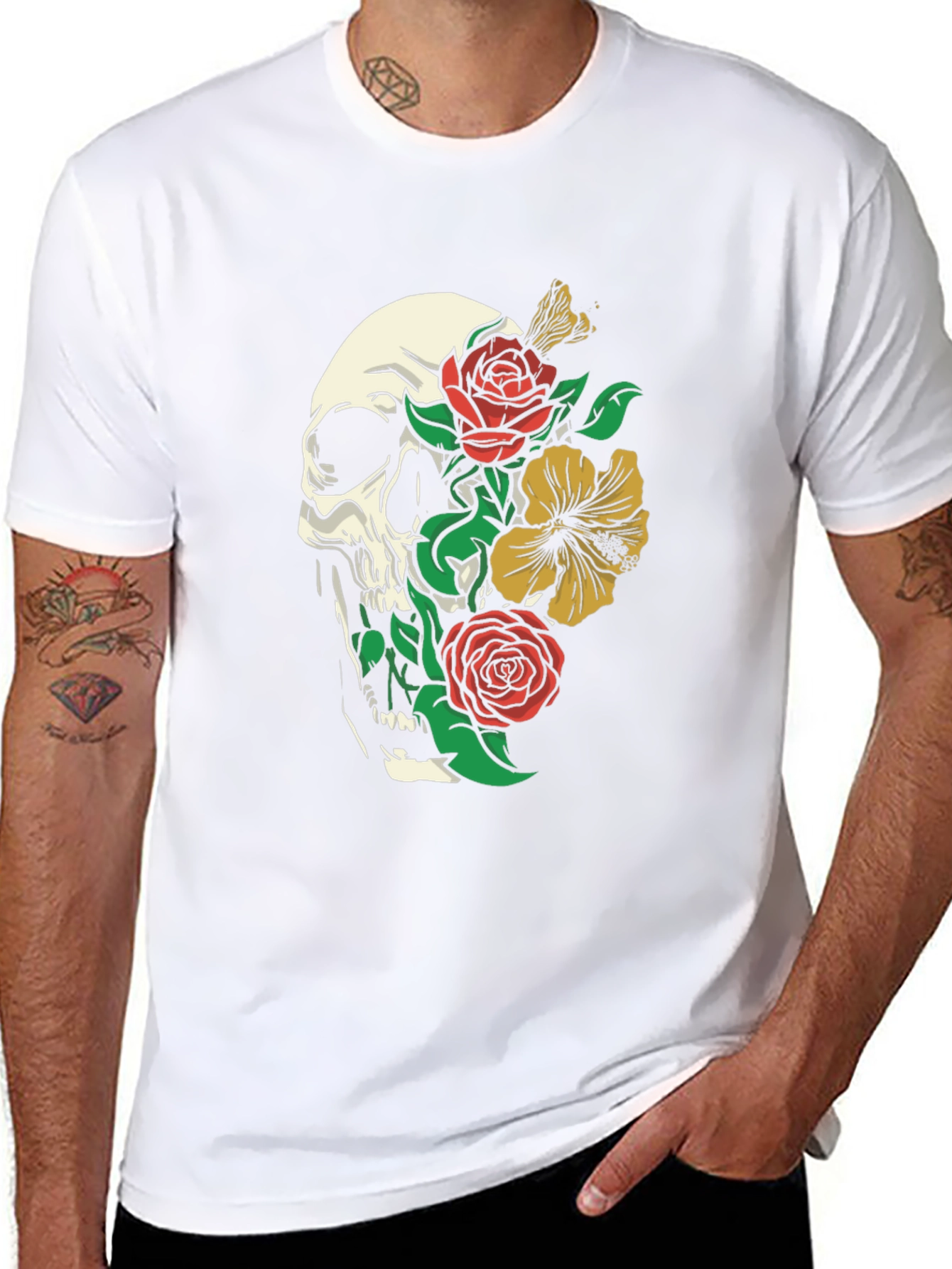 Skull & Floral Print Tee - Gothic Style