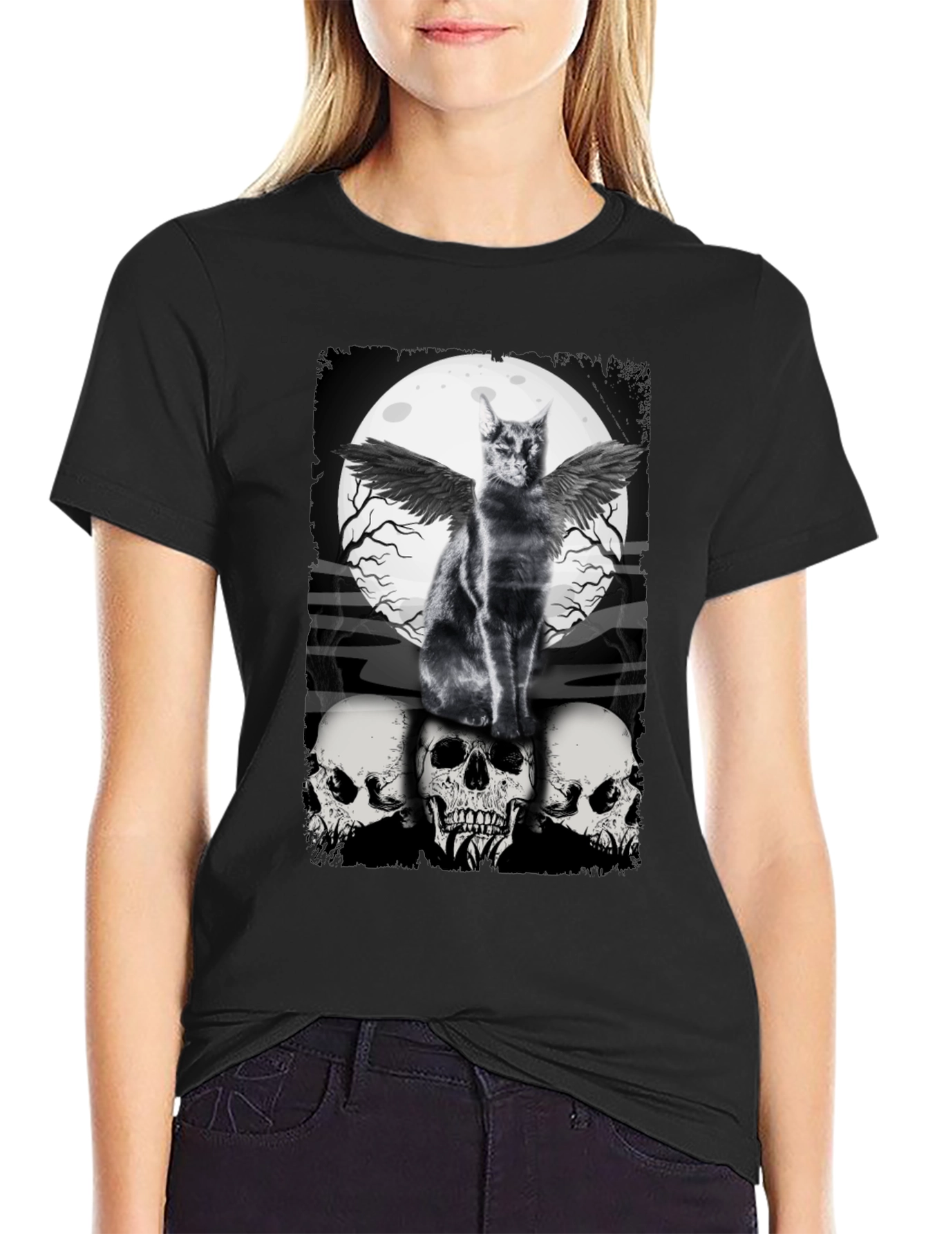 Gothic Cat T-Shirt - Angel Wings & Skulls