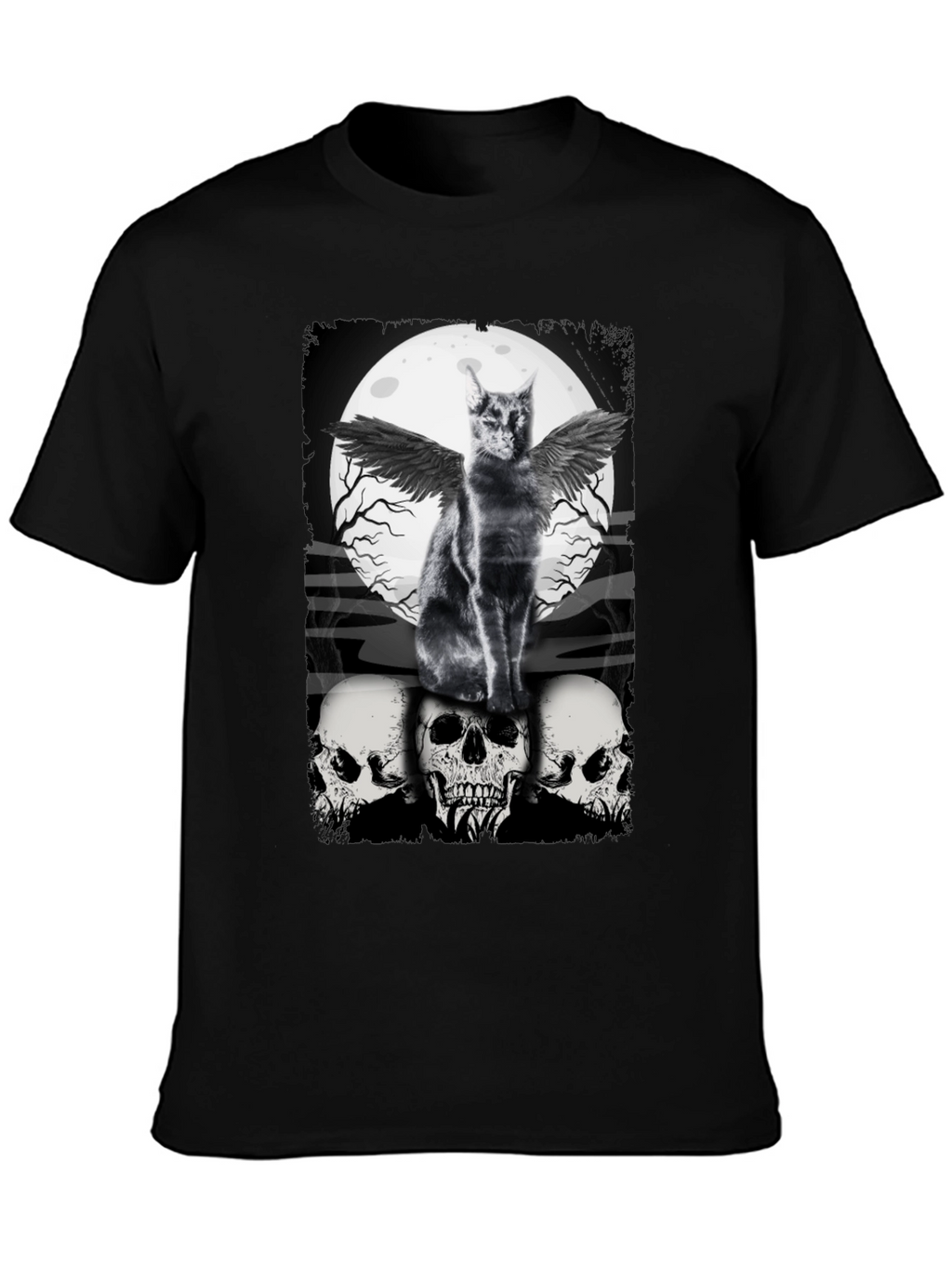 Gothic Cat T-Shirt - Angel Wings & Skulls