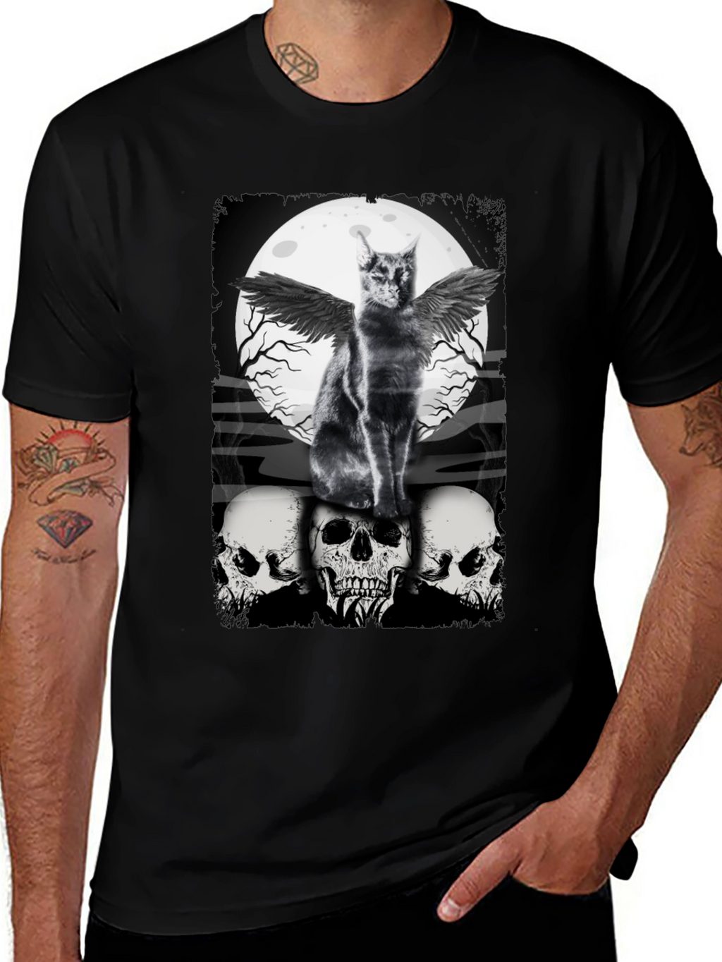 Gothic Cat T-Shirt - Angel Wings & Skulls