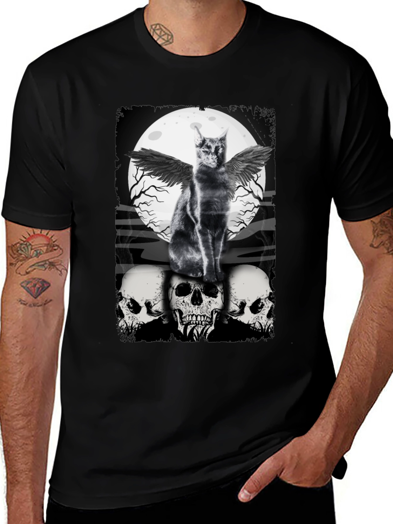 Gothic Cat T-Shirt - Angel Wings & Skulls