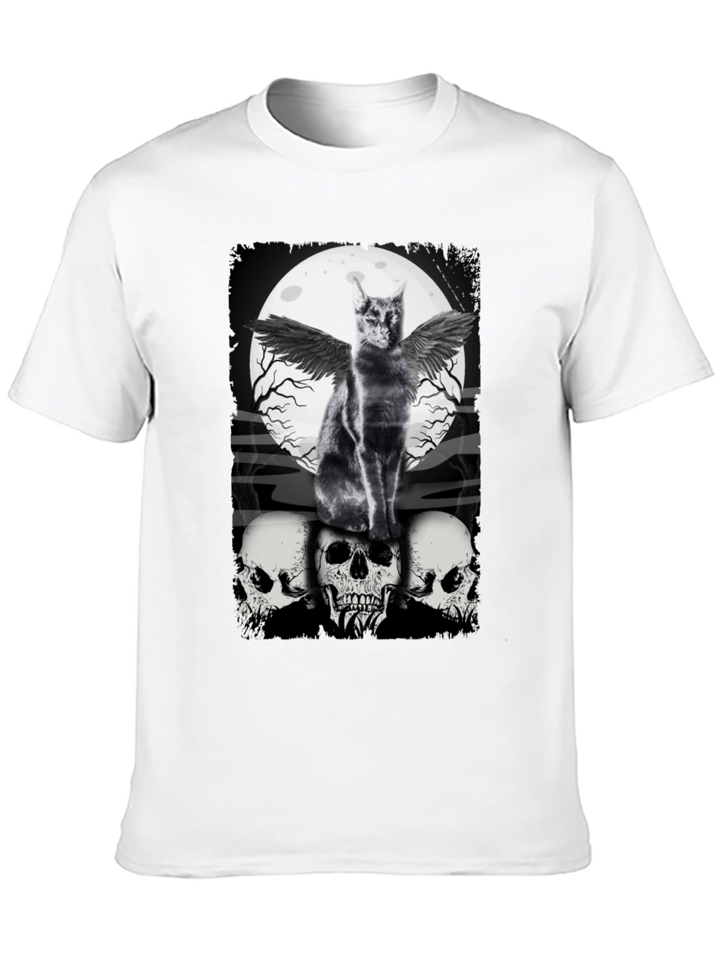 Gothic Cat T-Shirt - Angel Wings & Skulls