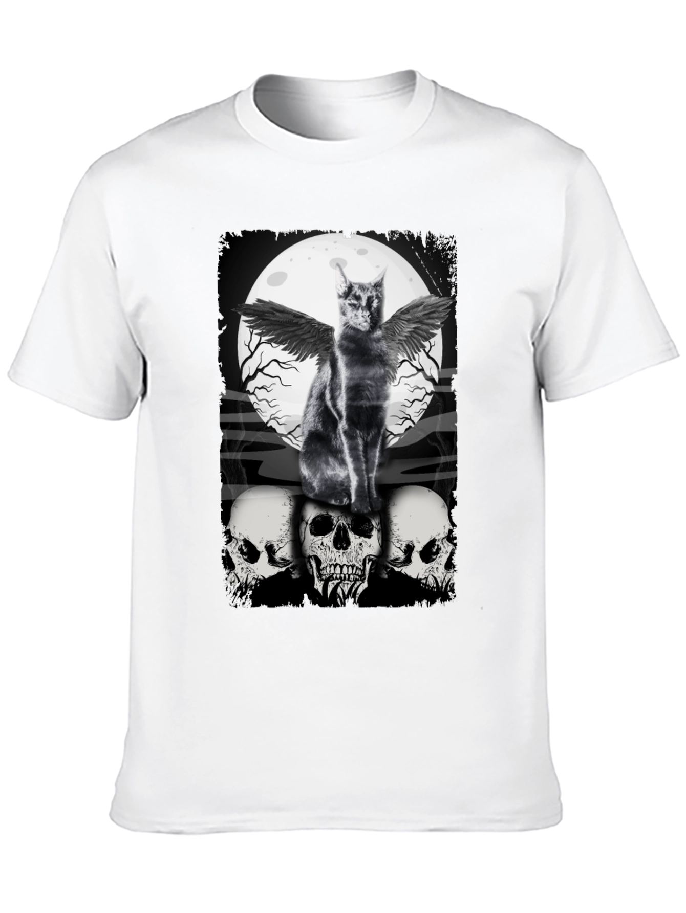 Gothic Cat T-Shirt - Angel Wings & Skulls