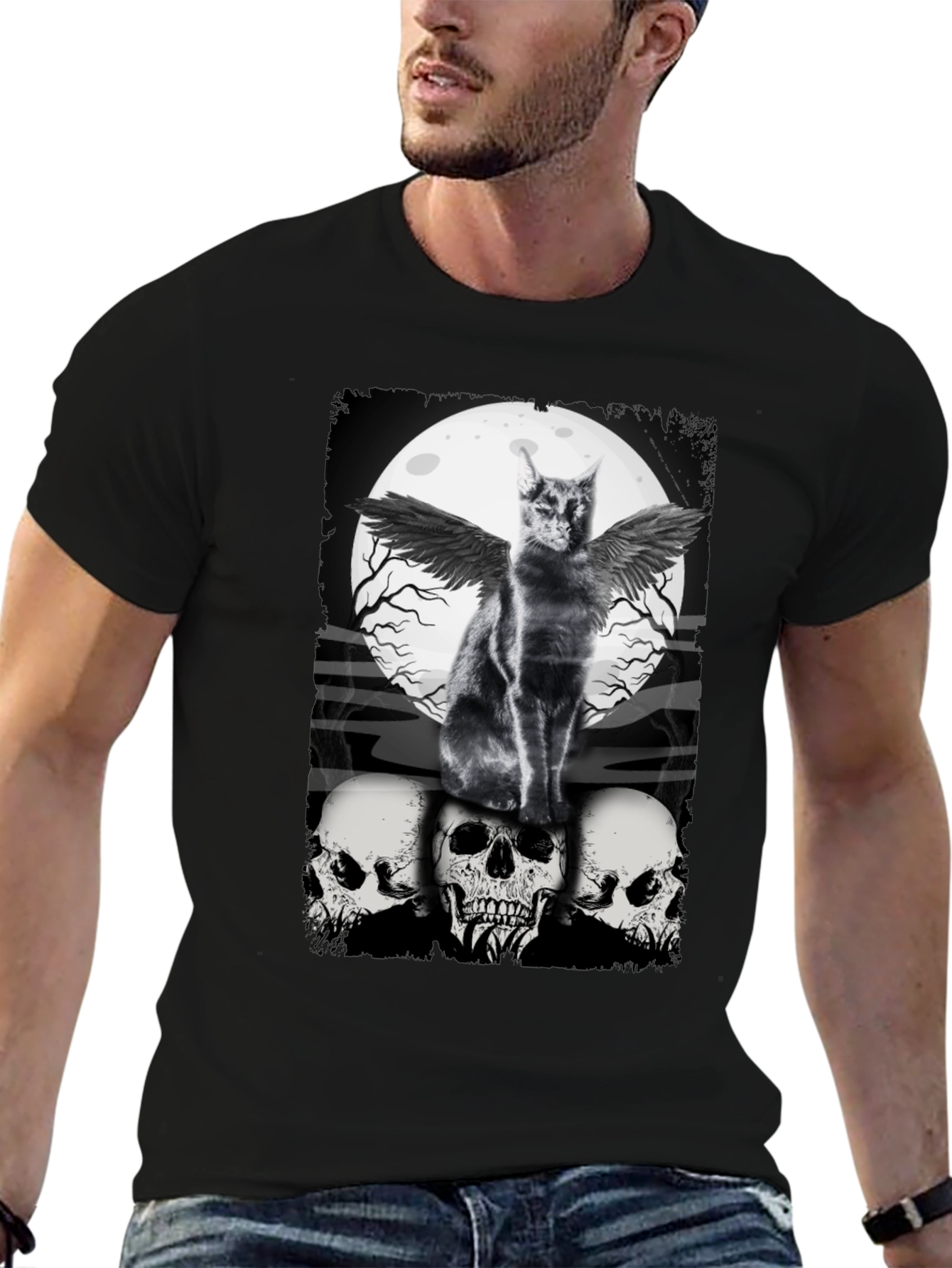 Gothic Cat T-Shirt - Angel Wings & Skulls