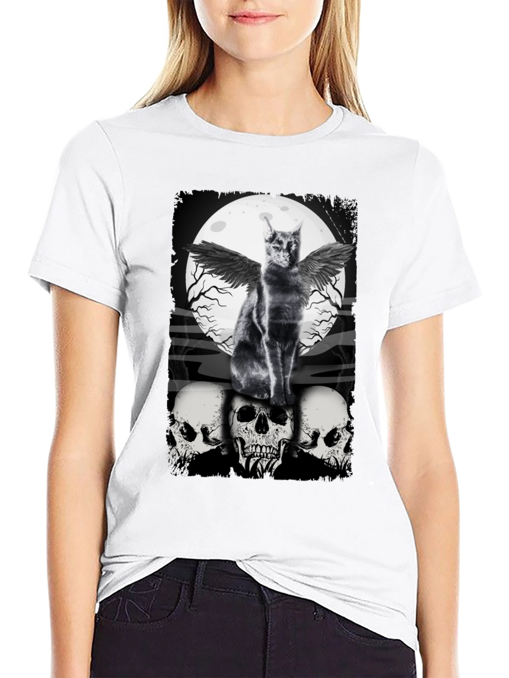 Gothic Cat T-Shirt - Angel Wings & Skulls
