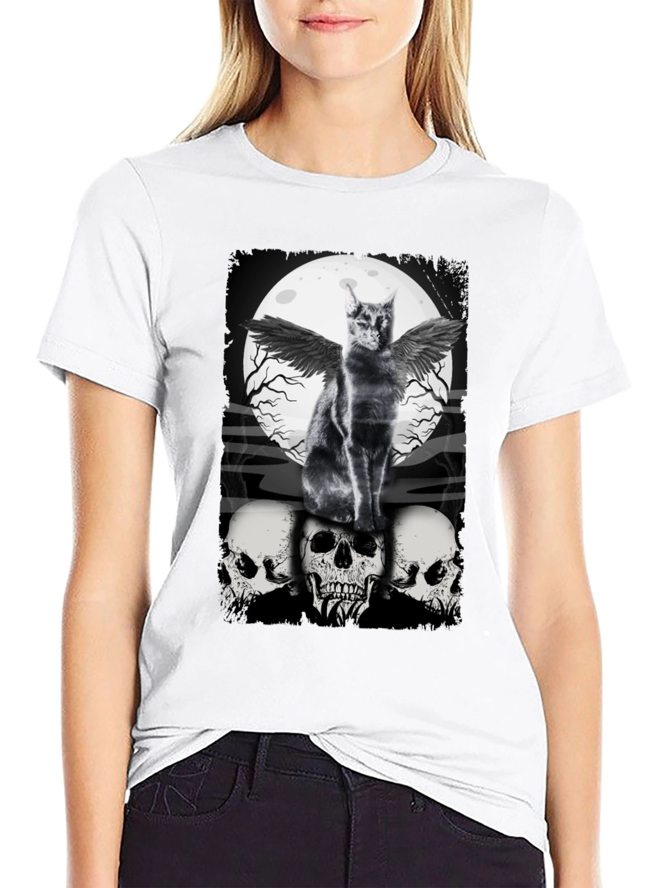 Gothic Cat T-Shirt - Angel Wings & Skulls